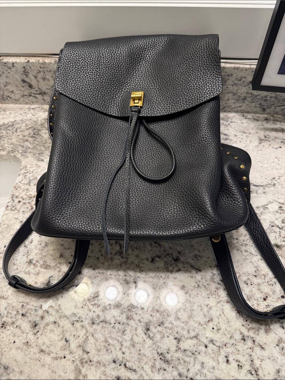 Rebecca Minkoff Black Pebbled Leather Drawstring Backpack with Gold Hardware